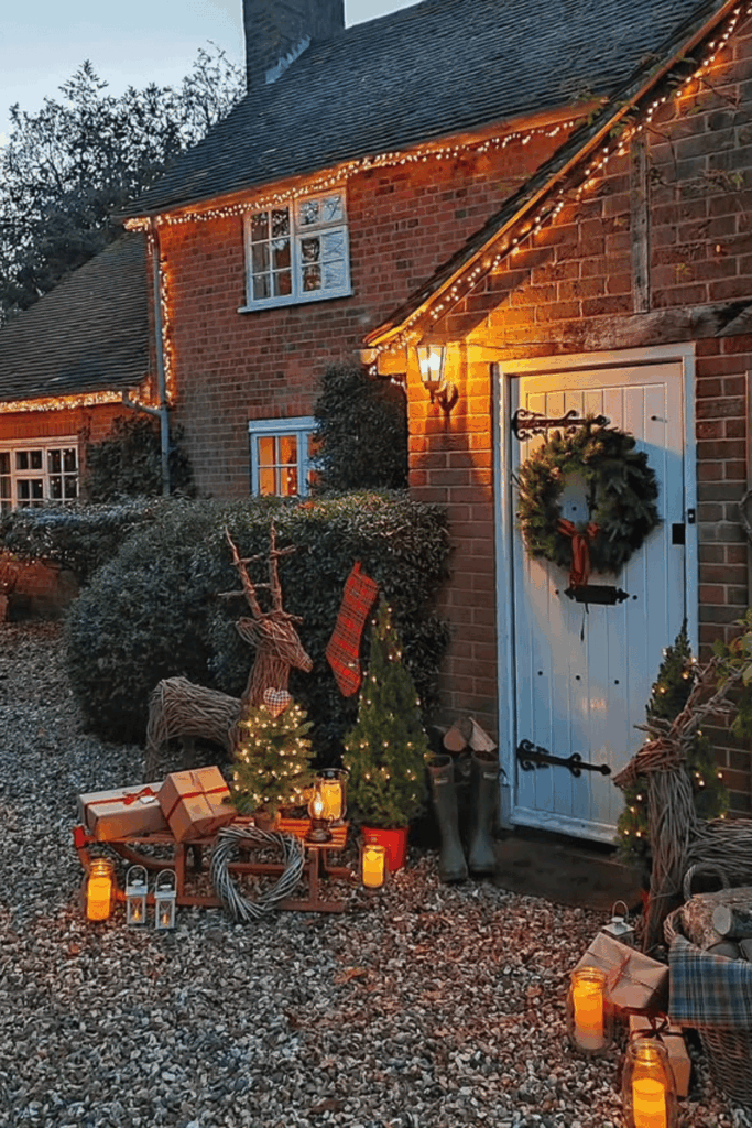 Rustic Christmas doorway with glowing lights and wrapped gifts