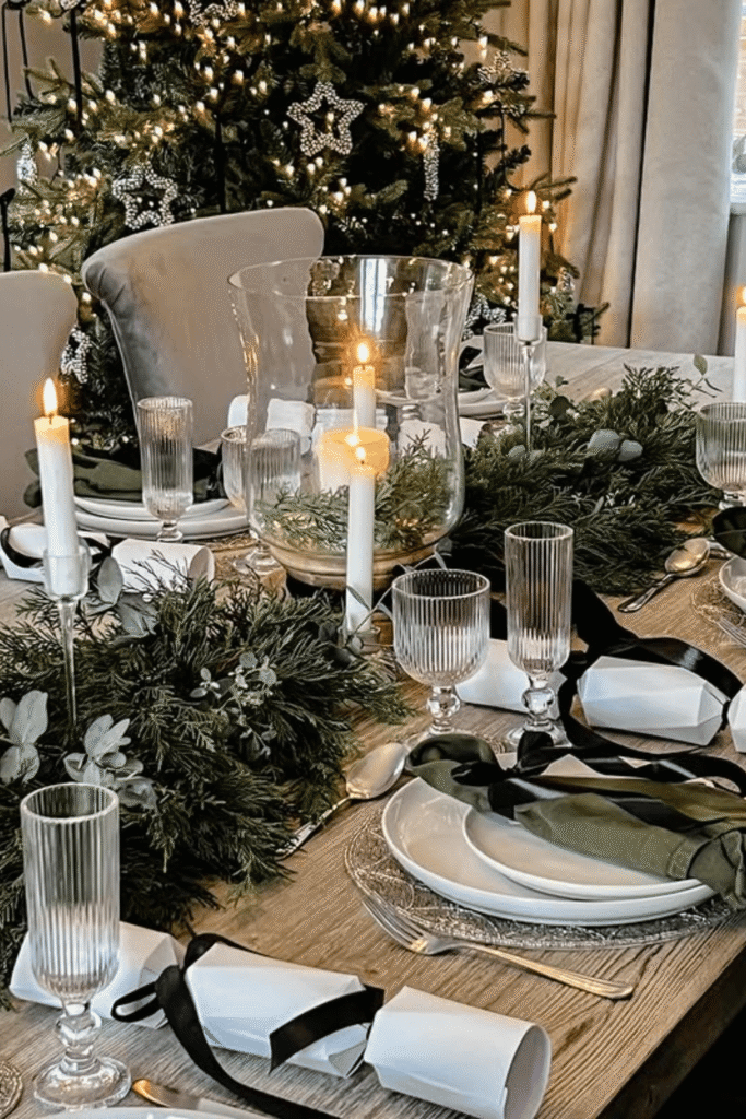 Christmas dinner table with greenery runner, candles, and elegant place settings