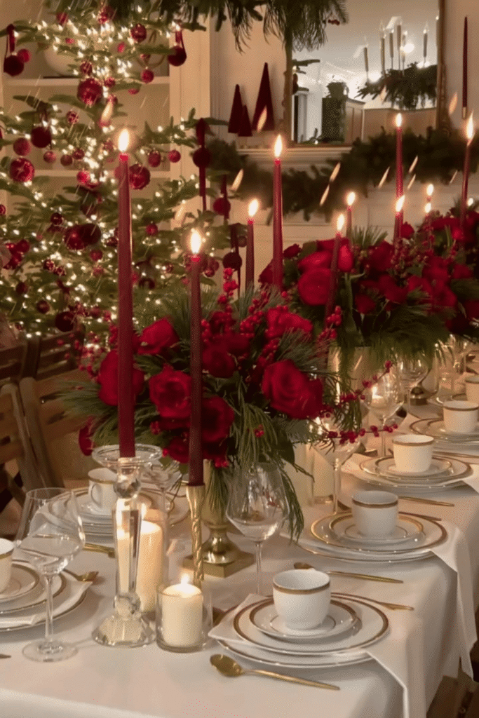 Christmas dinner table with tall red candles and lush floral centerpiece