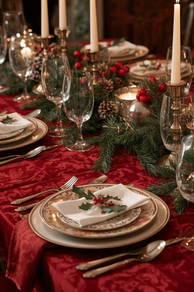Red Christmas table setting with pine cones, berries, and greenery decor