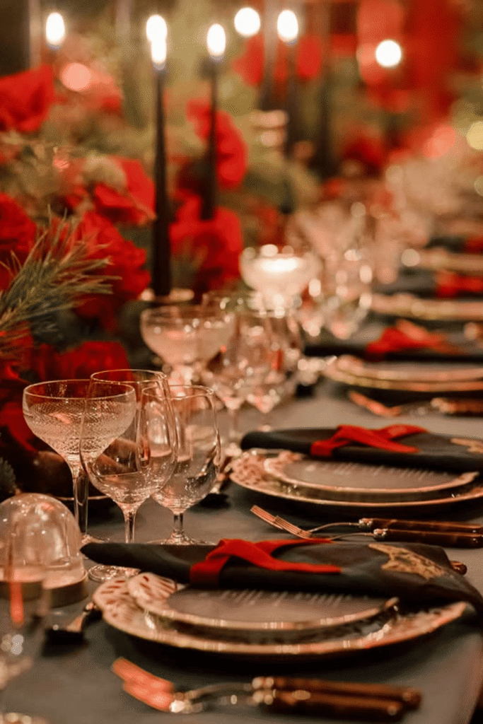 Moody Christmas dining table with dark tableware and soft candlelight
