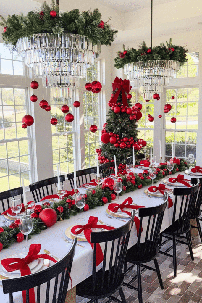 Festive Christmas dining table with hanging decor and greenery runner