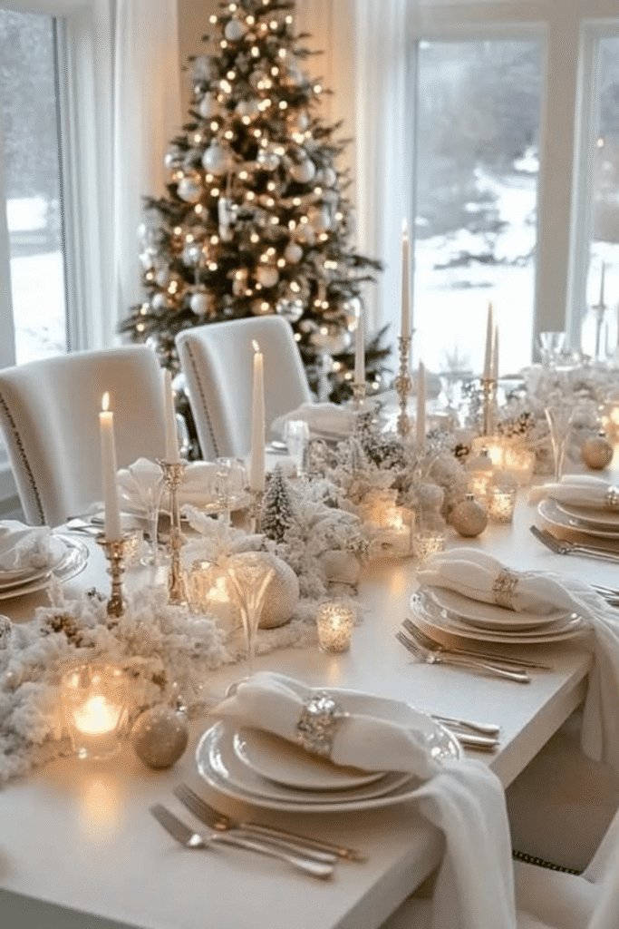 Winter white Christmas table setting with candles and floral centerpiece