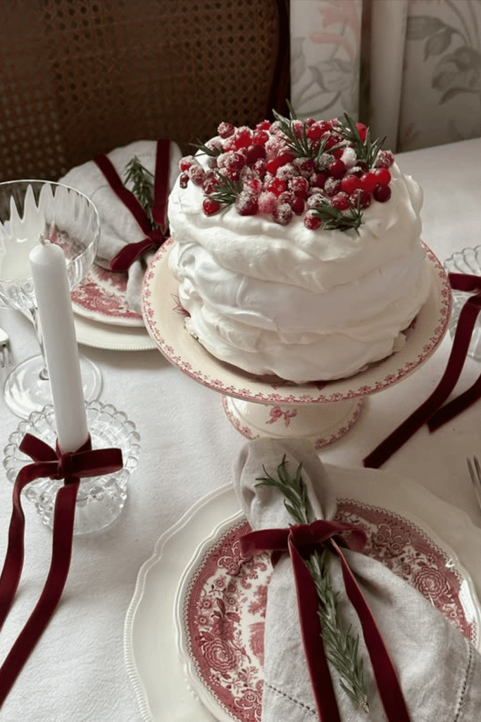 Christmas dinner table with festive dessert display and holiday decor