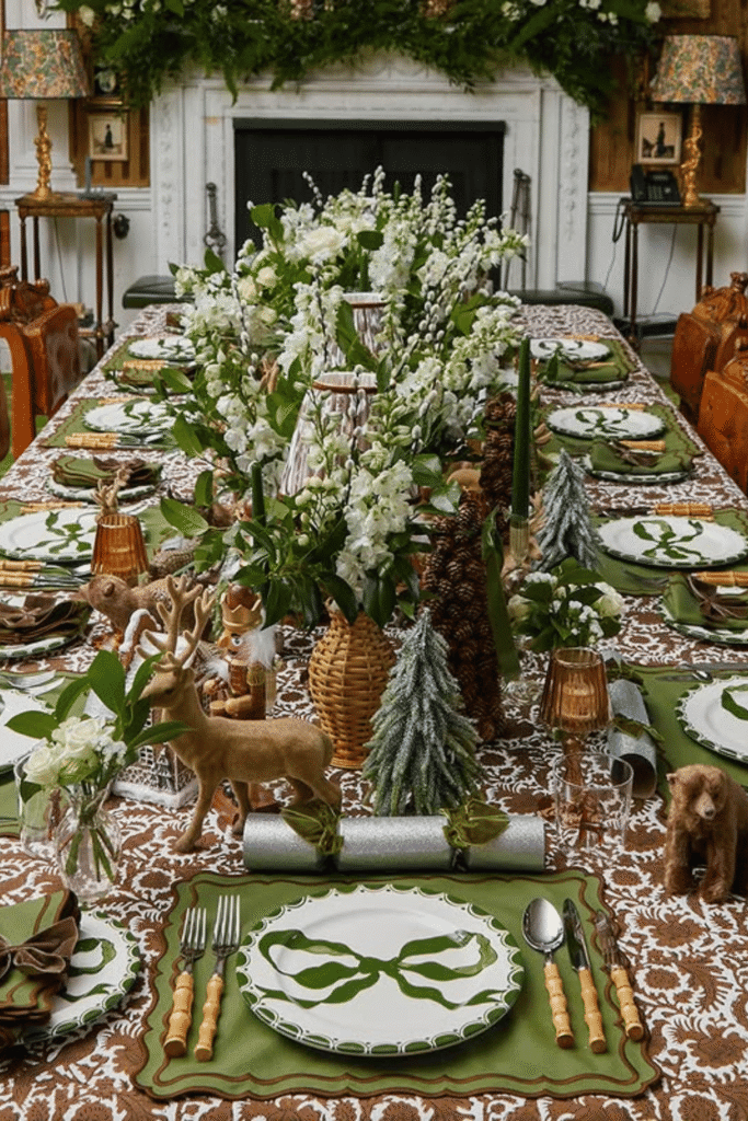 Woodland-inspired Christmas dining table with pine cones and festive centerpiece