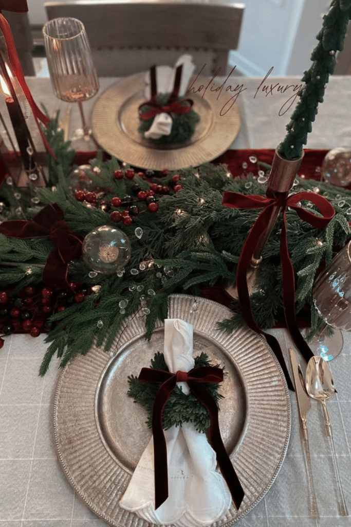 Christmas place setting with greenery and ribbon-tied napkin detail