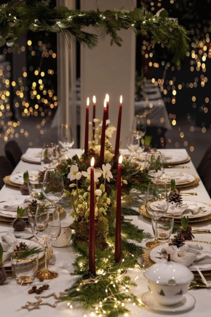 Cozy Christmas dinner table with candles, greenery, and soft lighting