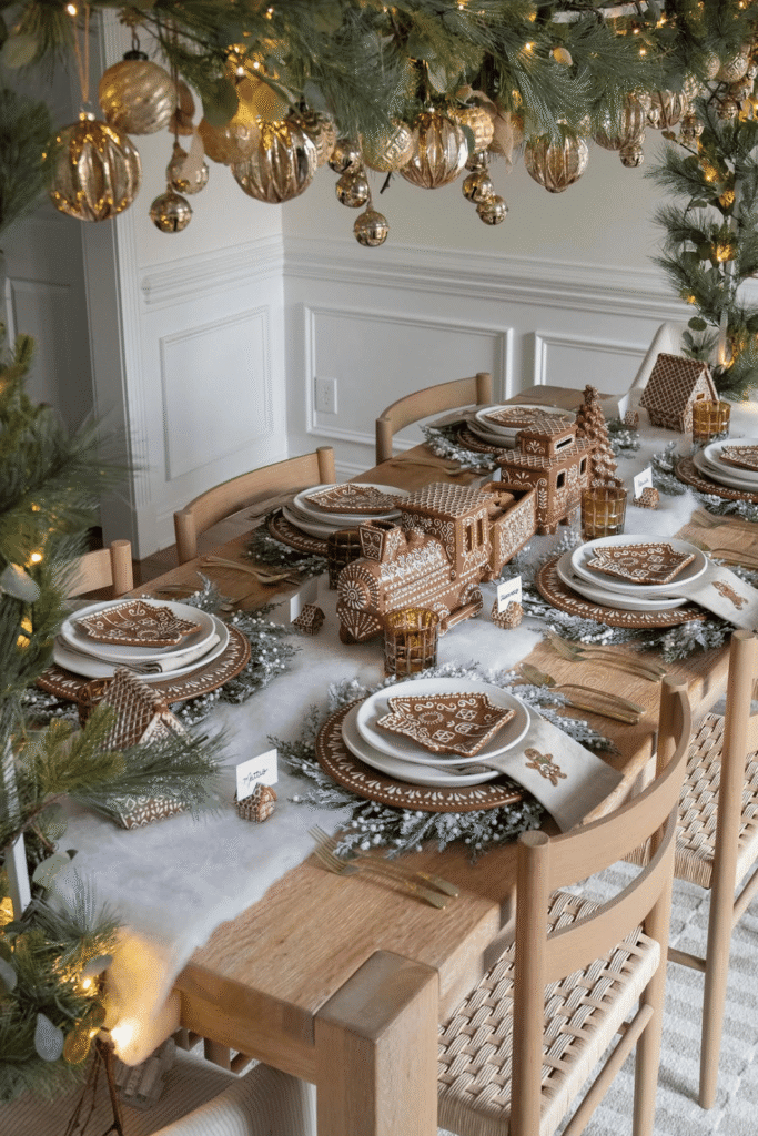 Gingerbread-inspired Christmas table centerpiece with white plates