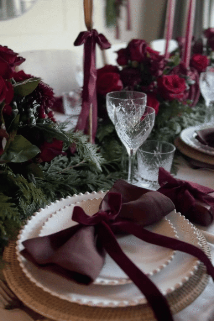 Christmas dinner table featuring red floral centerpiece and candlelight