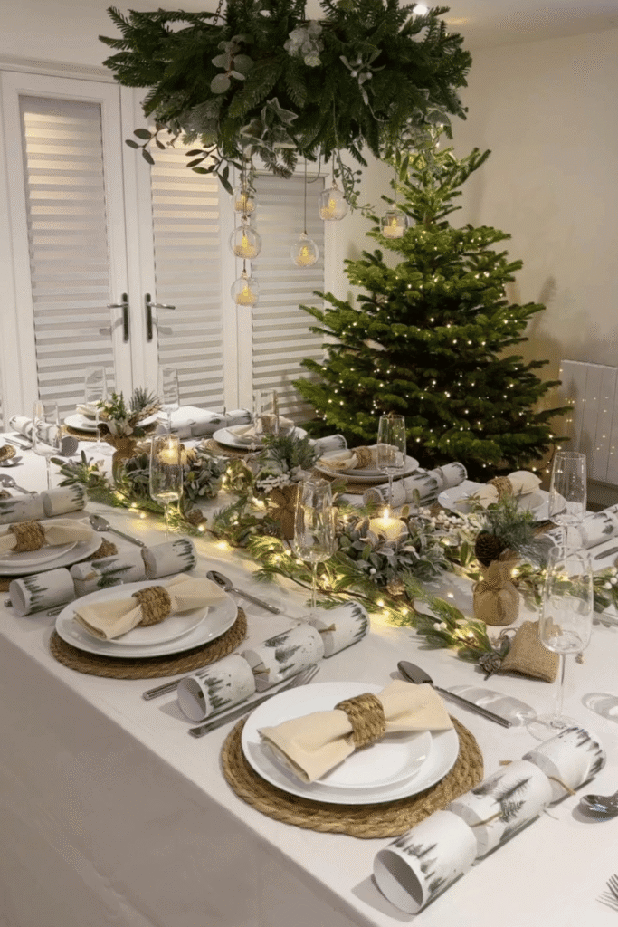 Minimal Christmas dinner table with hanging greenery and simple place settings