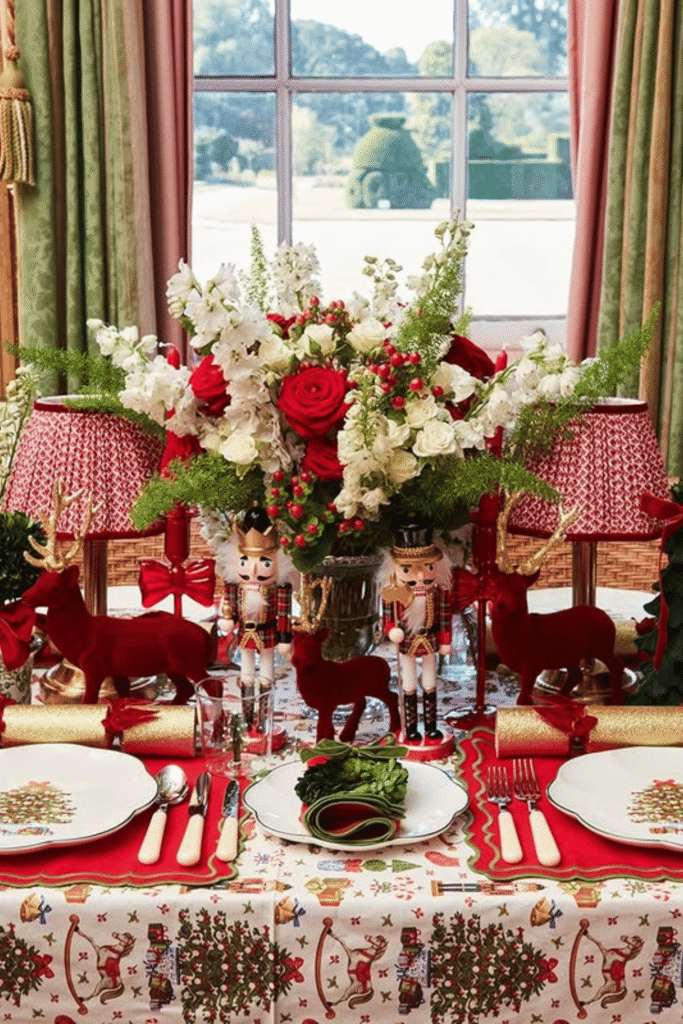 Traditional Christmas table setting with red accents and festive centerpieces