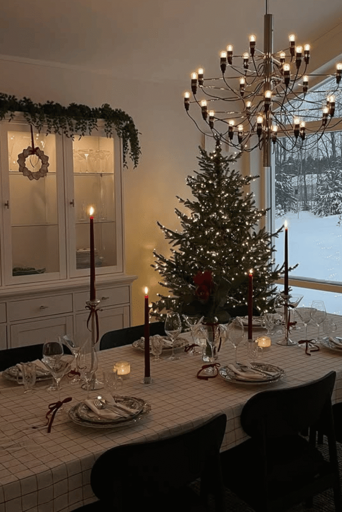 Elegant candlelit Christmas table centerpiece with greenery and taper candles