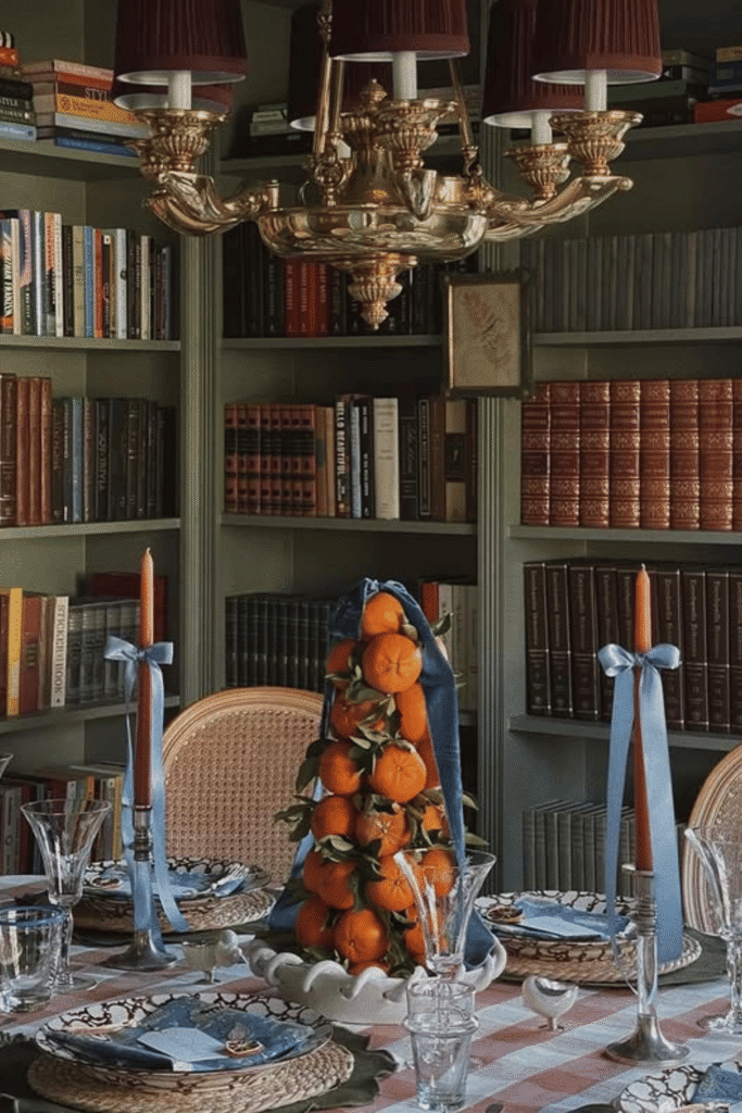 Holiday centerpiece made with stacked oranges and ribbon for Christmas table