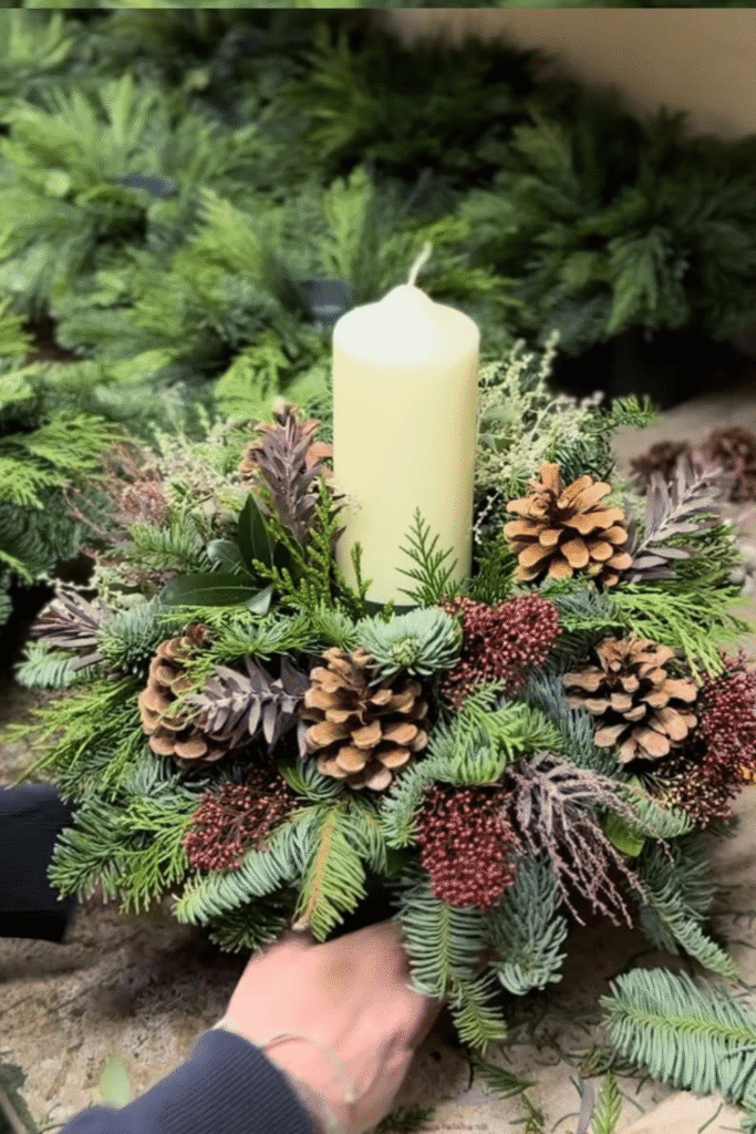 Pine cone and greenery candle centerpiece for easy Christmas table decor