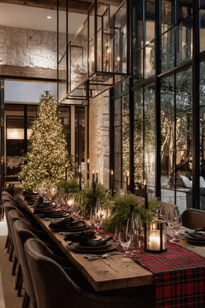 Christmas table centerpiece with lanterns, greenery, and long dining table decor