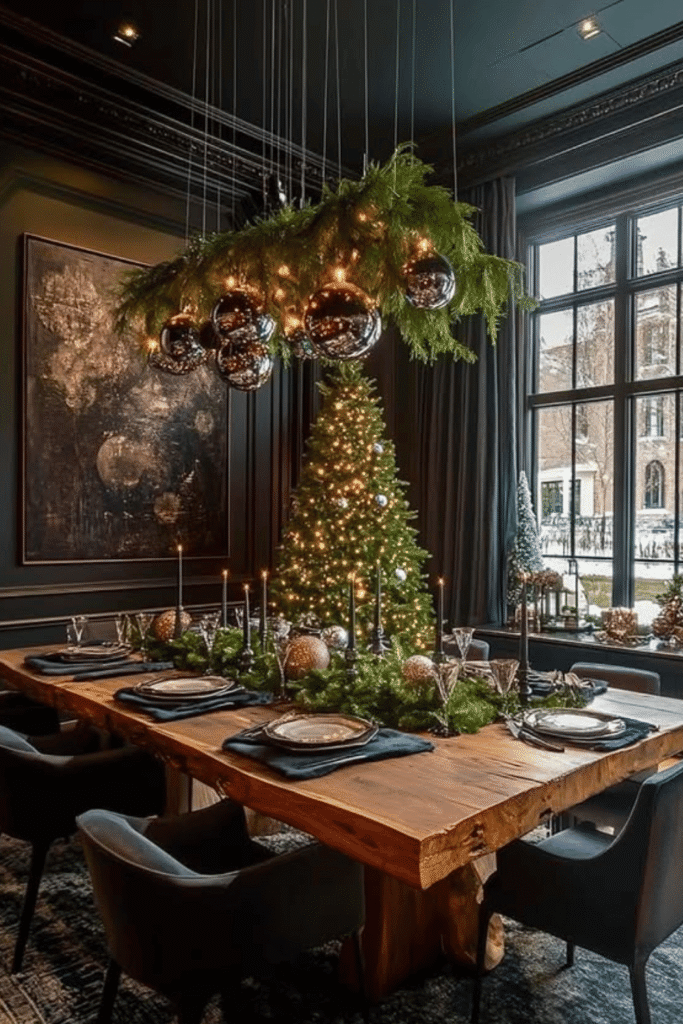 Elegant Christmas table centerpiece with hanging ornaments and greenery