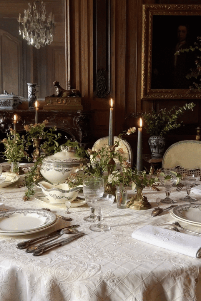 Classic floral centerpiece with candles for traditional Christmas table decoration