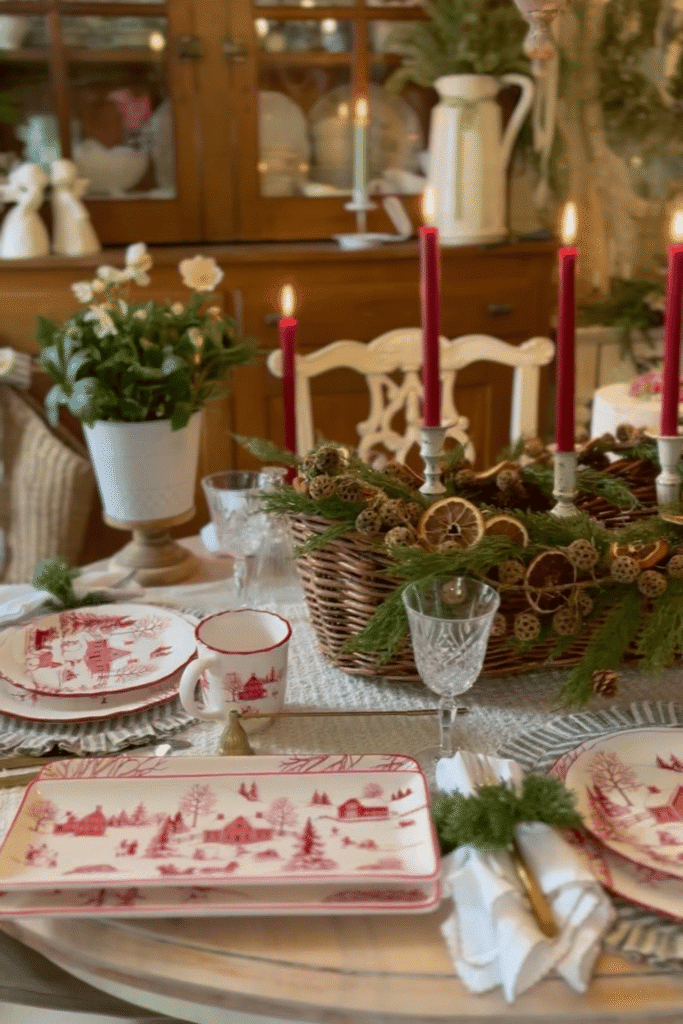 Rustic Christmas table centerpiece using basket, greenery, and orange slices