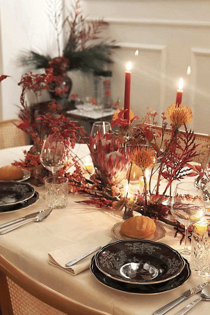 Modern Christmas table centerpiece with warm-toned florals and candles
