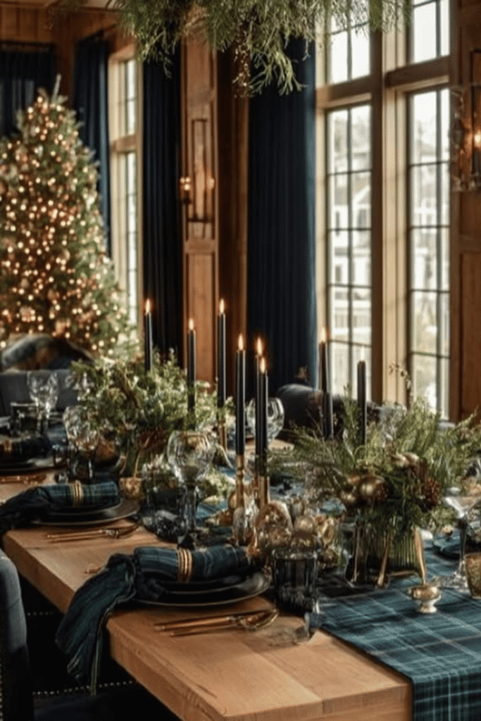 Moody Christmas table centerpiece with greenery, candles, and formal dining table
