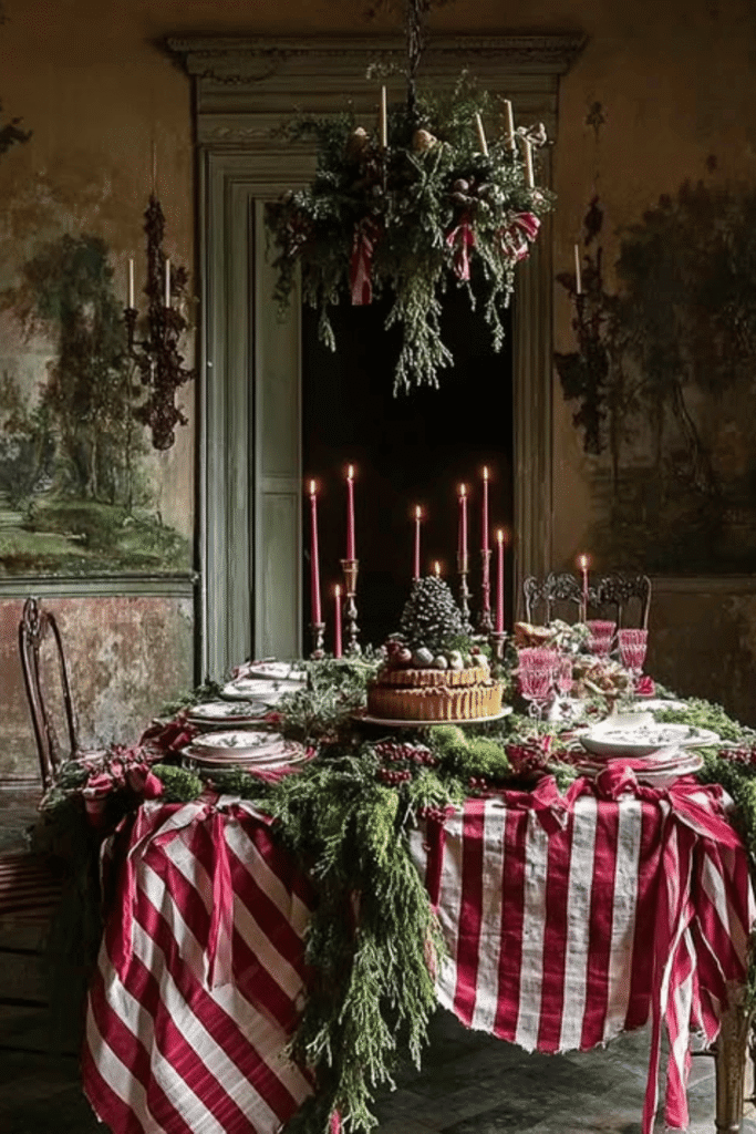 Vintage-inspired Christmas table centerpiece with striped tablecloth and greenery
