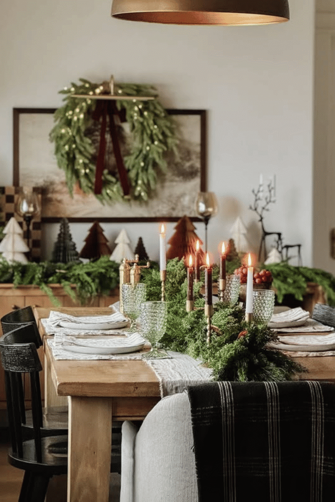 Easy Christmas centerpiece with greenery runner and candles on dining table