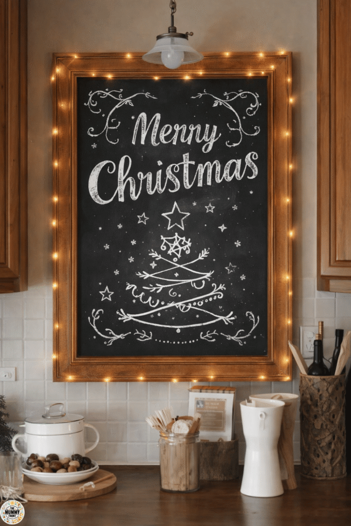 Merry Christmas chalkboard art with hand lettering, stars, and Christmas tree design