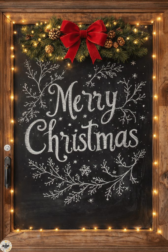 Merry Christmas chalkboard framed with greenery, lights, and farmhouse decor