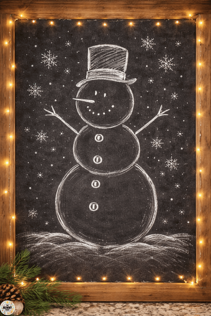 Snowman chalkboard drawing with snowflakes and simple winter art