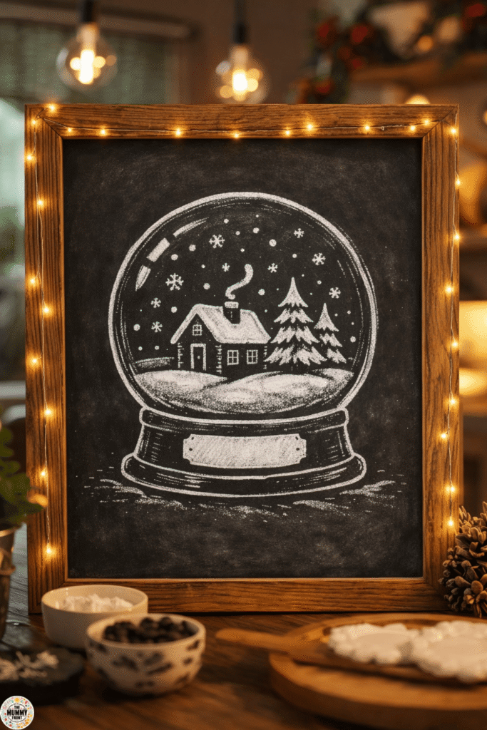 Snow globe chalkboard art with winter house and snowy scene