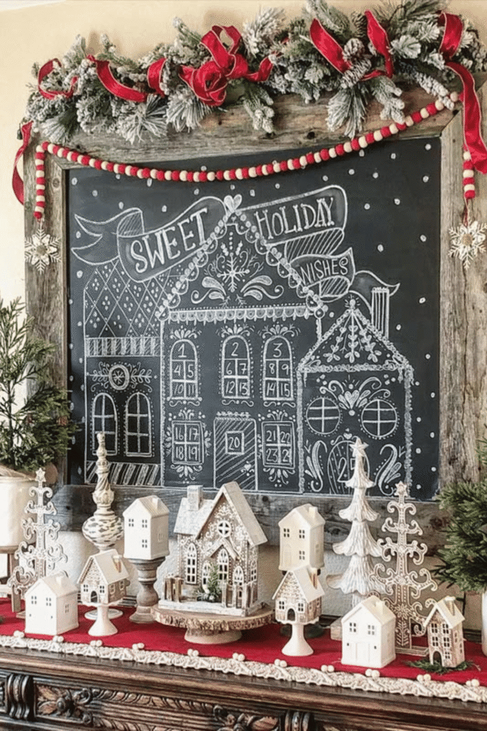 Holiday village chalkboard with detailed buildings and festive decor
