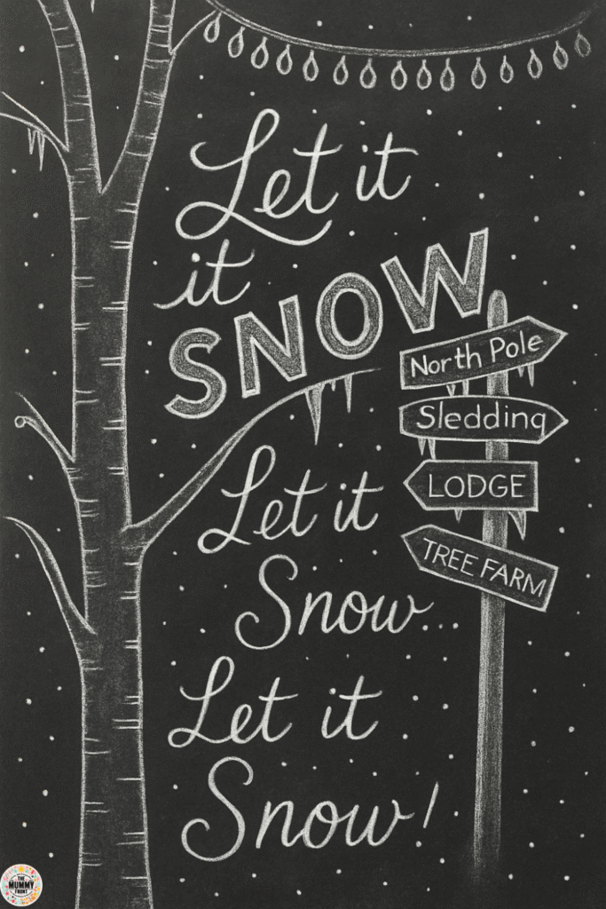 Let it snow chalkboard art with winter lettering and snowy tree illustration
