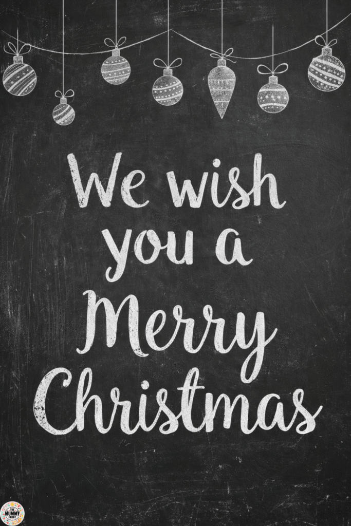 We wish you a merry Christmas chalkboard with hanging ornament drawings