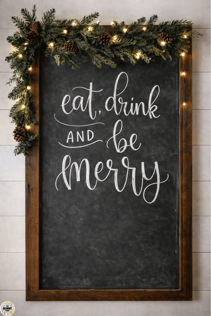 Eat drink and be merry chalkboard with greenery and Christmas lights