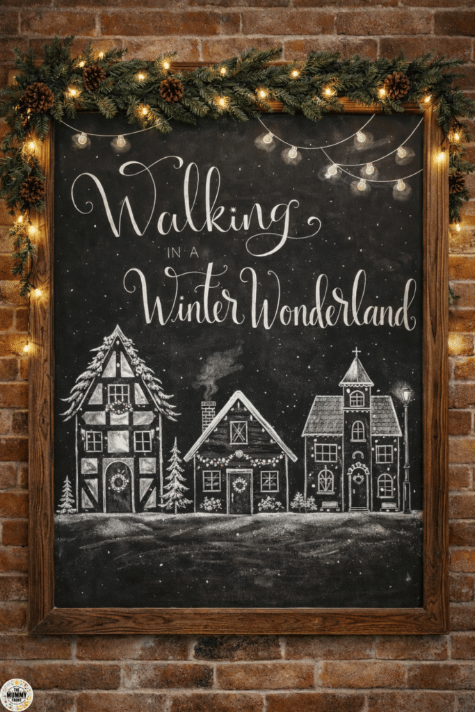 Walking in a winter wonderland chalkboard with snowy village illustration