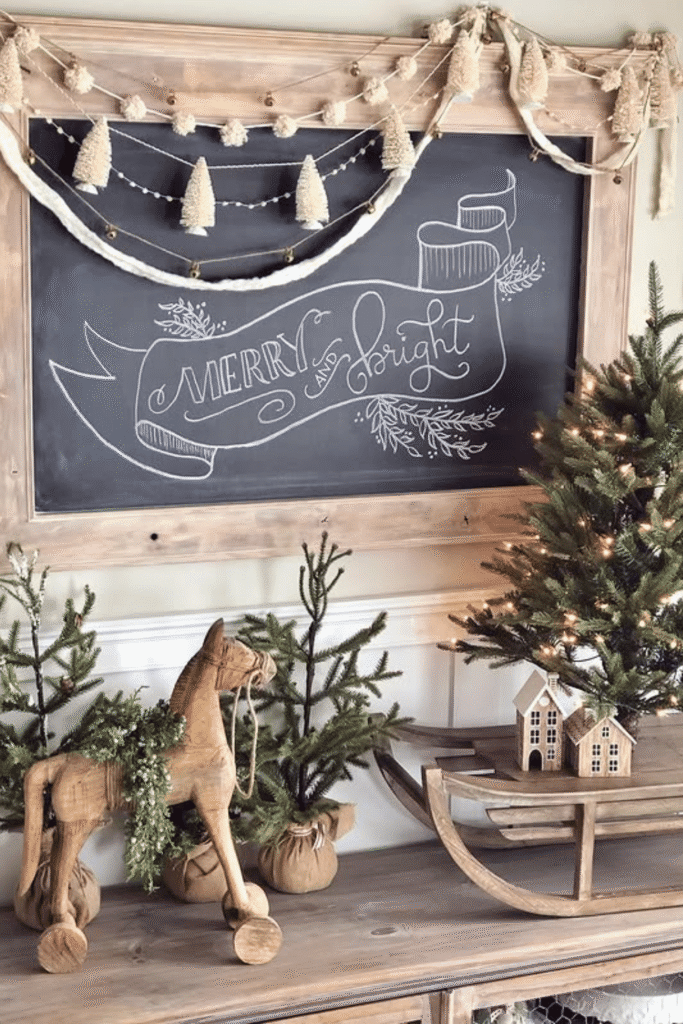 Merry and bright chalkboard banner with rustic holiday decor