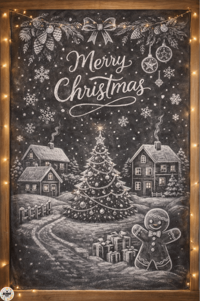 Merry Christmas chalkboard scene with tree, houses, and gingerbread figure