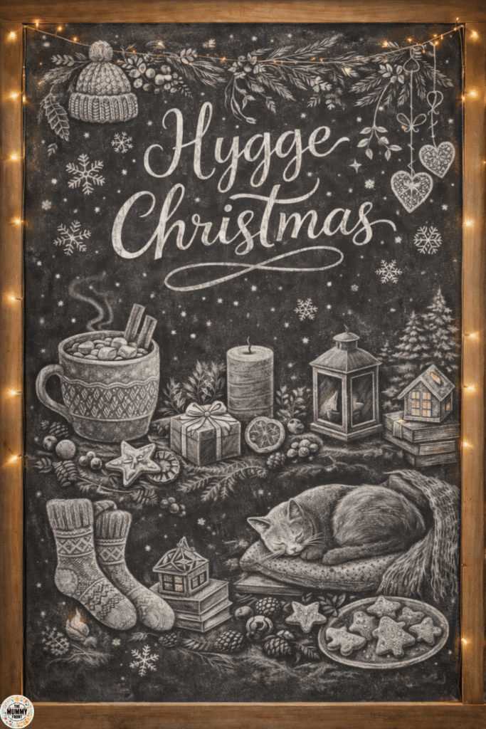 Hygge Christmas chalkboard art with cozy winter illustrations and festive details