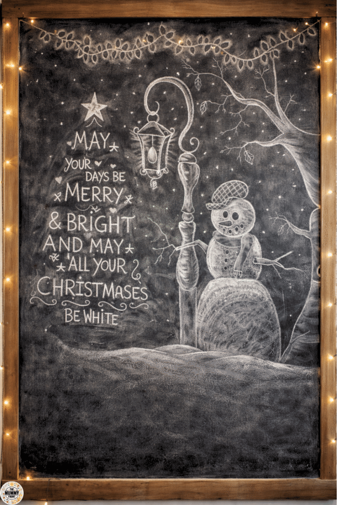 Christmas chalkboard drawing of a snowman with holiday quote and winter scene