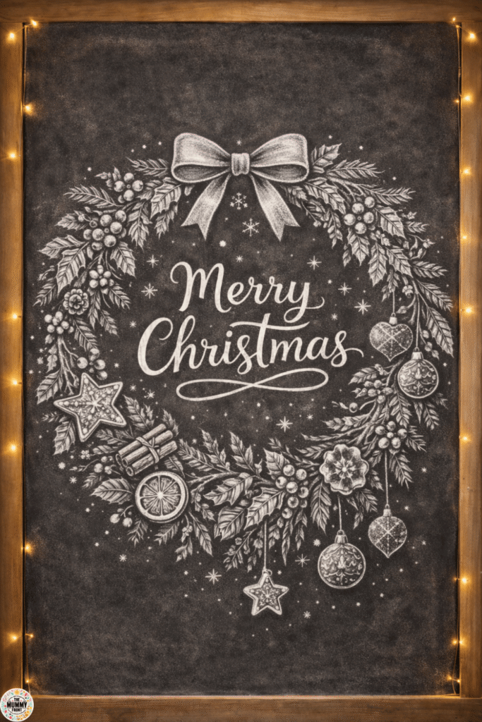 Merry Christmas chalkboard wreath design with ornaments and festive details