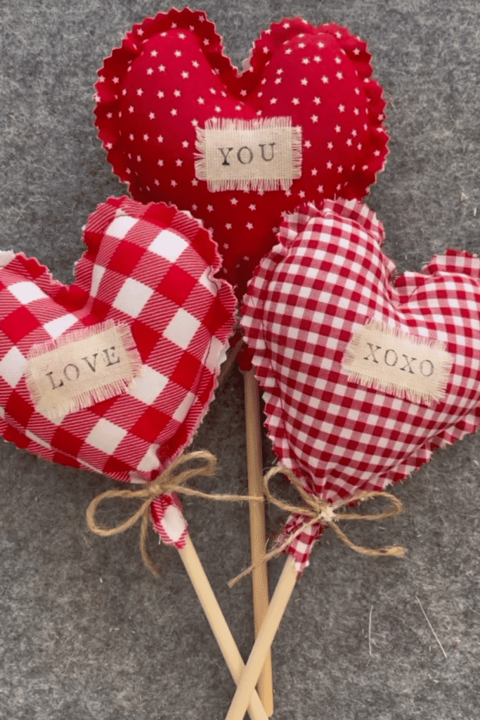 Fabric heart stems with stitched Valentine messages