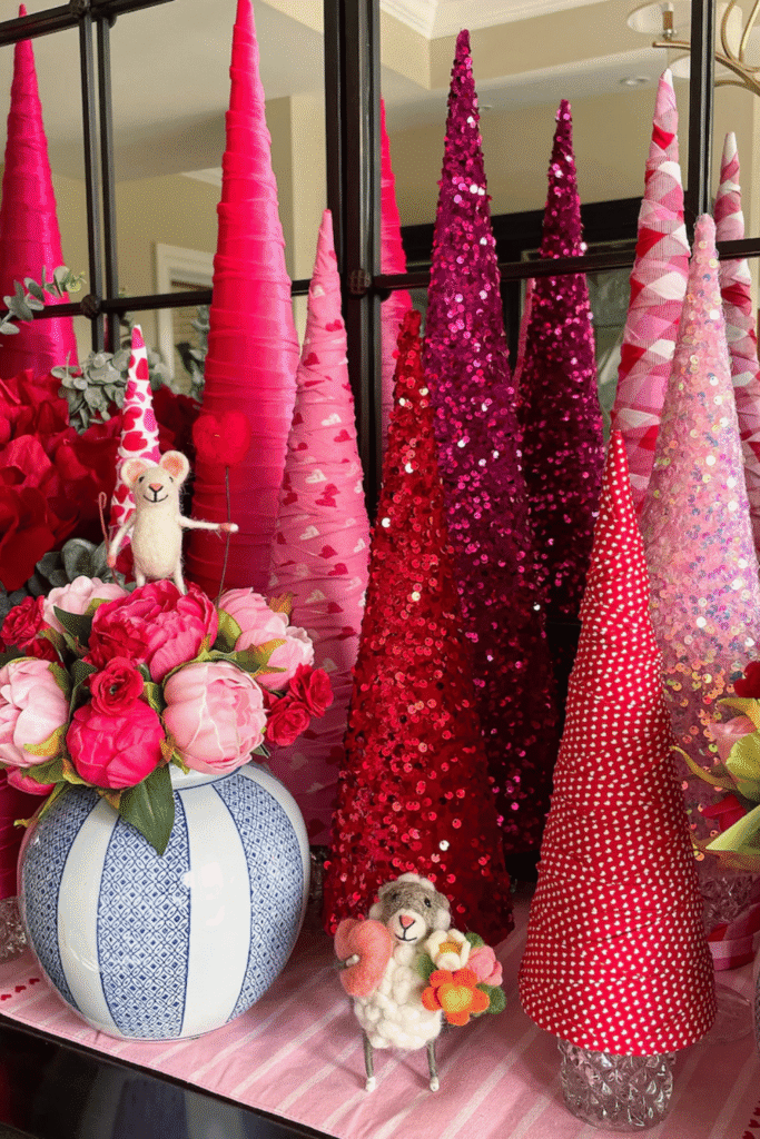 Valentine cone trees in pink and red decor display