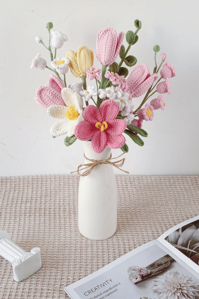 Crochet flower bouquet in pastel Valentine colors