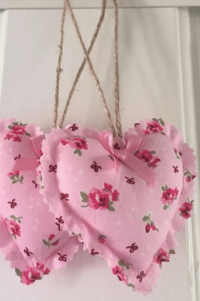 Hanging fabric heart decorations with floral print