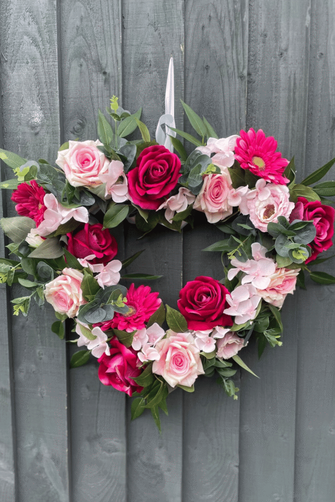 Heart-shaped floral wreath with pink and red roses