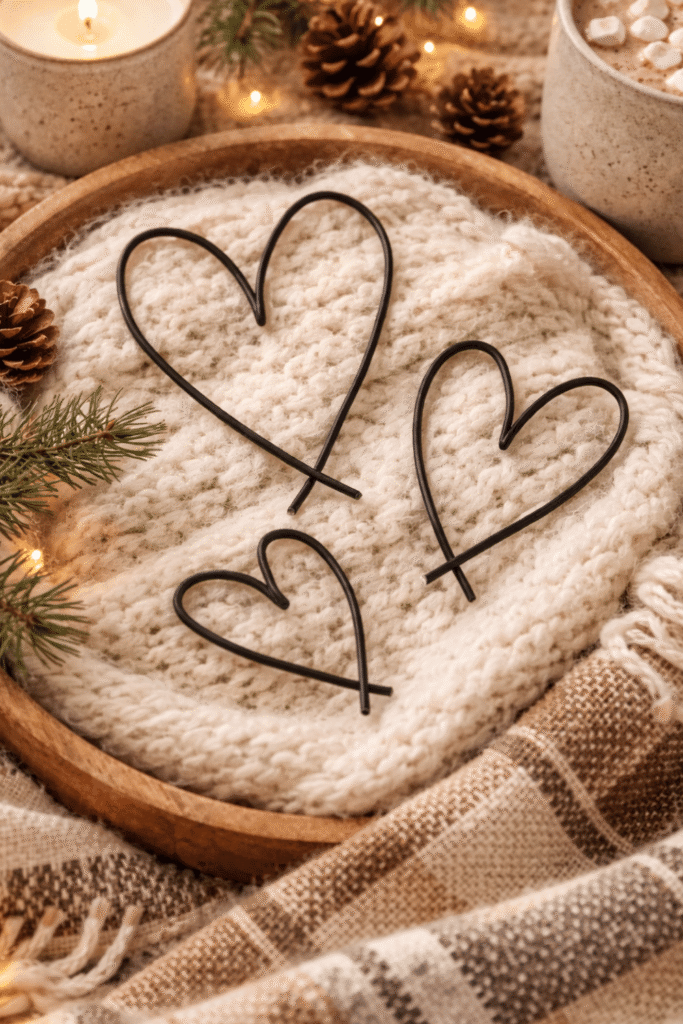 Minimal wire heart decor styled on cozy tray