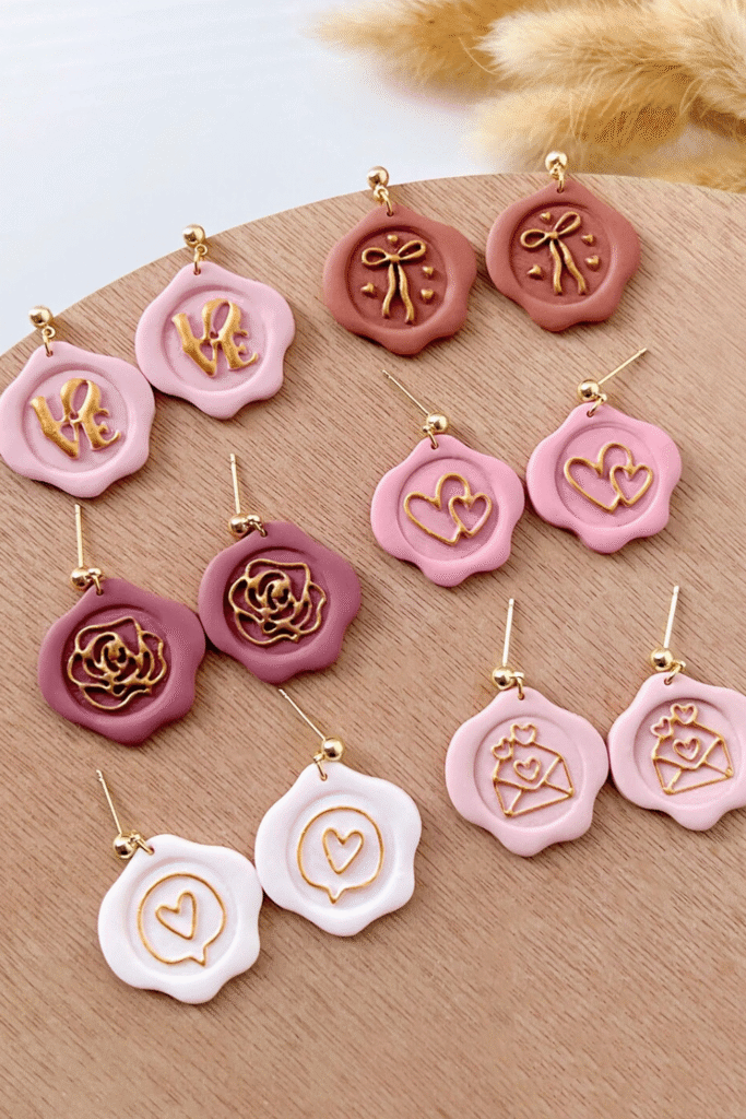 Handmade clay heart earrings with gold detail