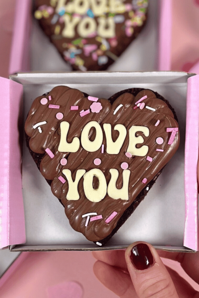 Chocolate heart treat with “love you” message in gift box