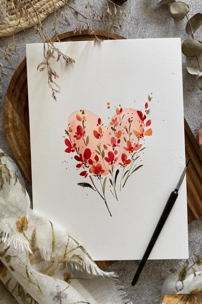 Watercolor floral heart artwork on handmade paper