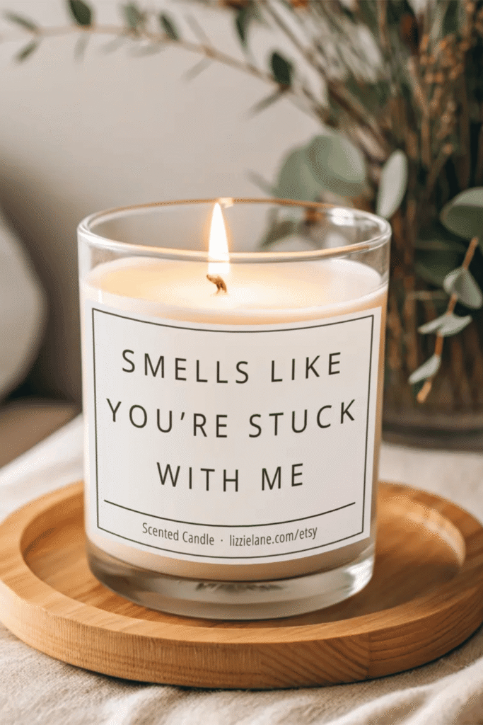 Scented Valentine candle with romantic label on wooden tray